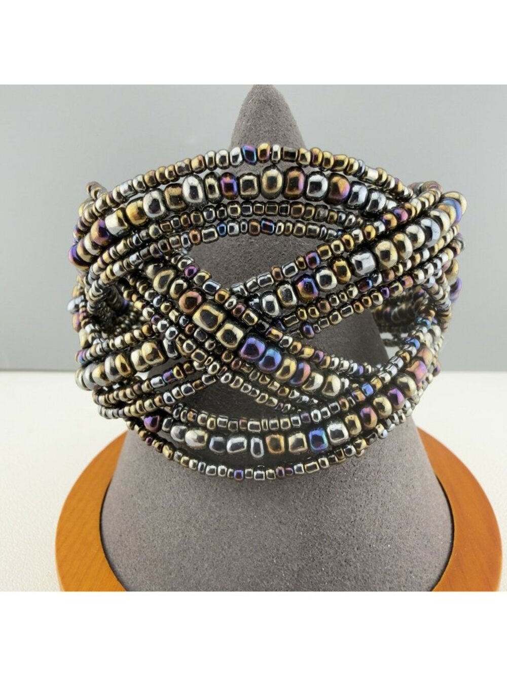 Braided Seed Bead Cuff Bracelet Wide Peacock Oil Slick Statement Boho 6.5”